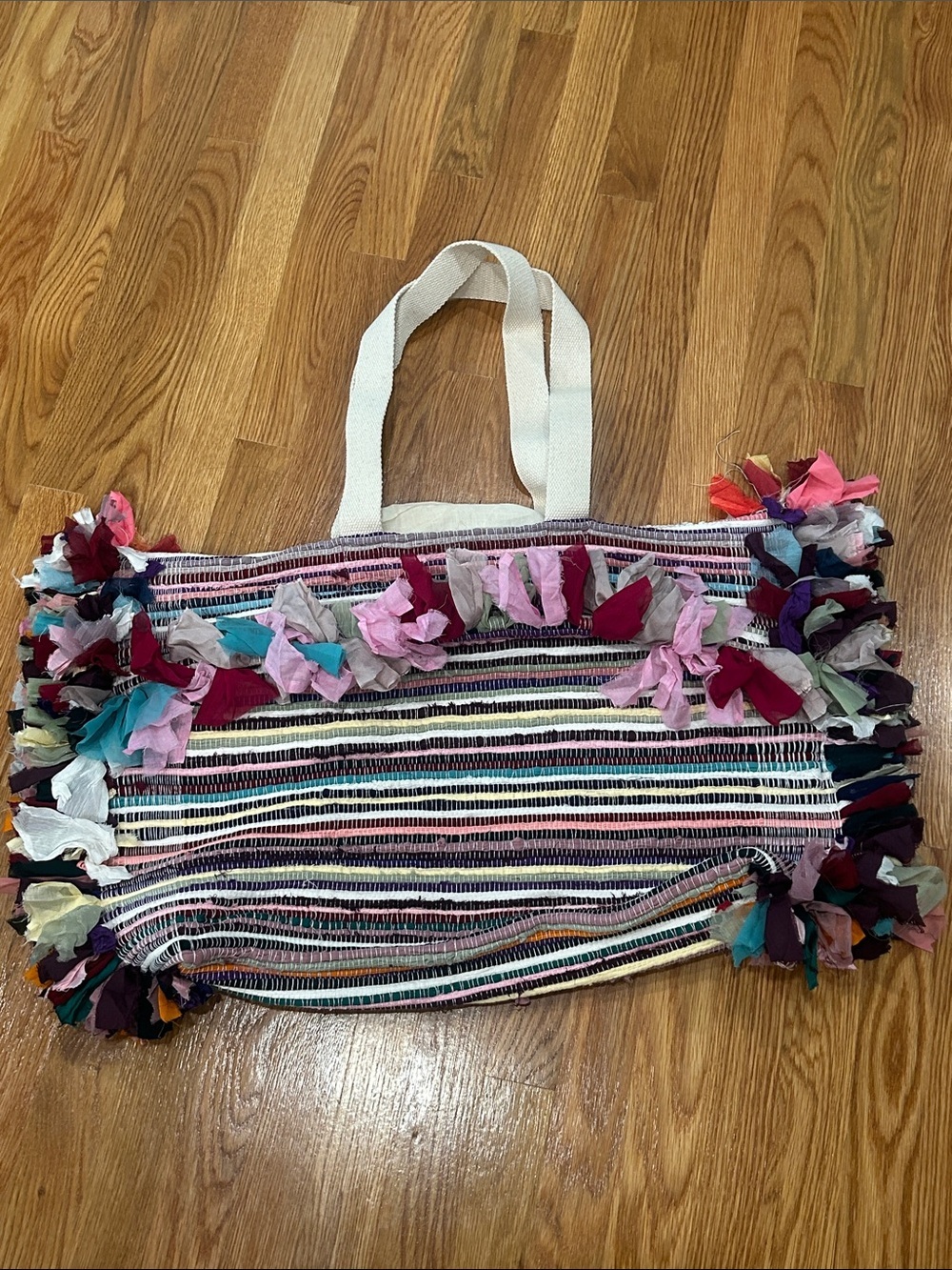 Raj Multicolor woven oversized Striped Fringe Tote Bag with White Handles nwot